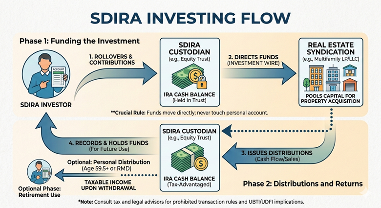 Diagram showing a self-directed IRA custodian investing in a syndication and receiving distributions.