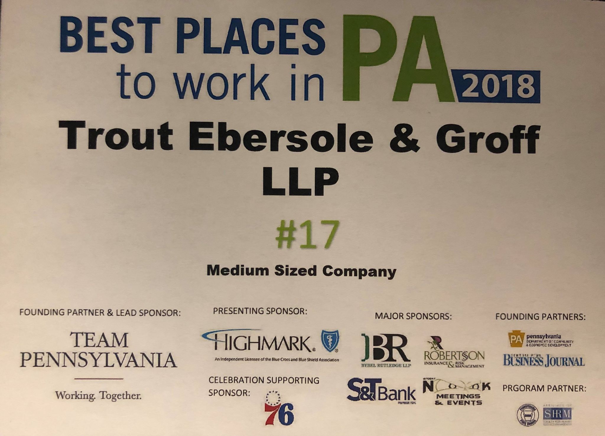 Trout CPA Earns 17th Spot for Best Places to Work in PA